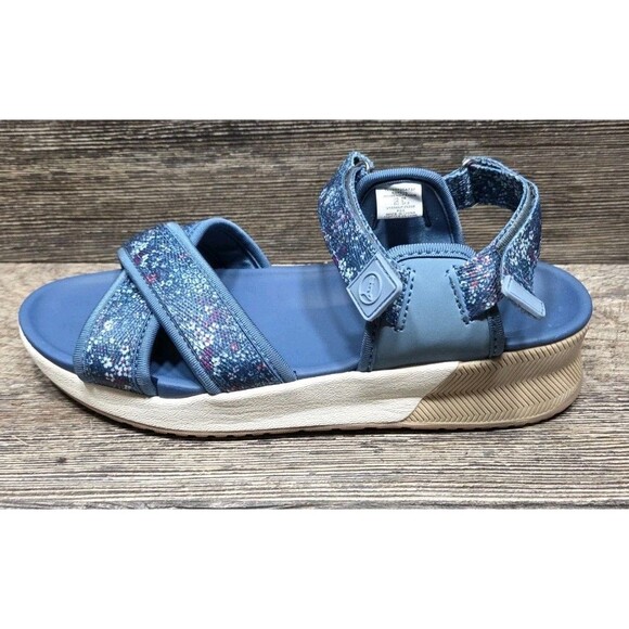 Lands End Sandals Womens 7B Strappy Wedge Comfort Blue Flowers Hook&Loop - Picture 3 of 9